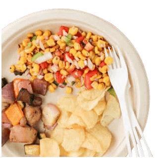 A disposable plate with food and disposable silverware.