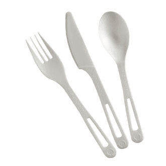 compostable and disposable cutlery with individual fork, knife and spoon