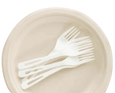 A disposable plate with disposable forks on top.