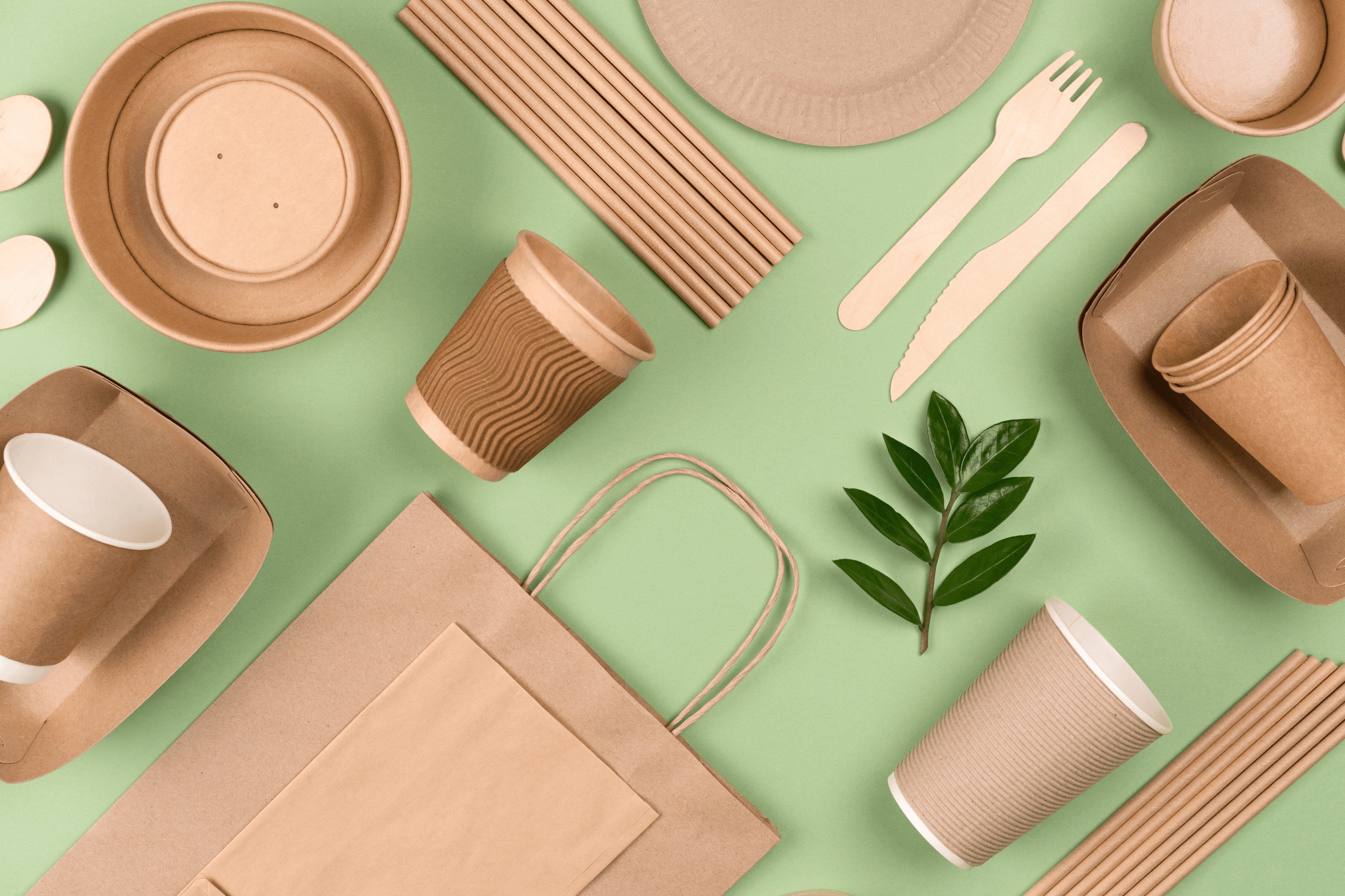 A pastel green background hosts a variety of kraft paper bags, food trays, food containers, straws and wooden cutlery